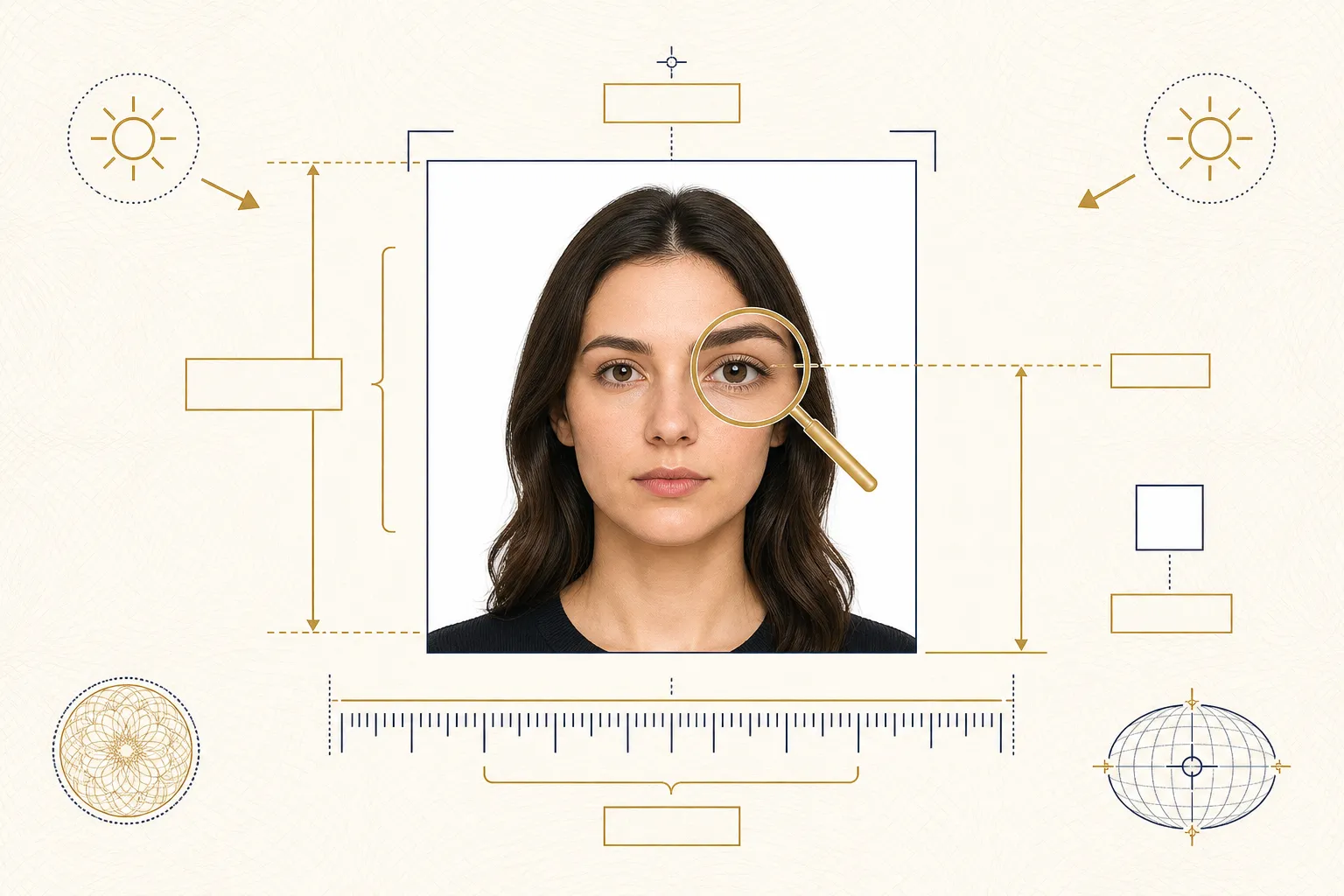 Anatomy of a compliant 2×2 inch passport photo with measurement callouts for head height, eye line, background and lighting
