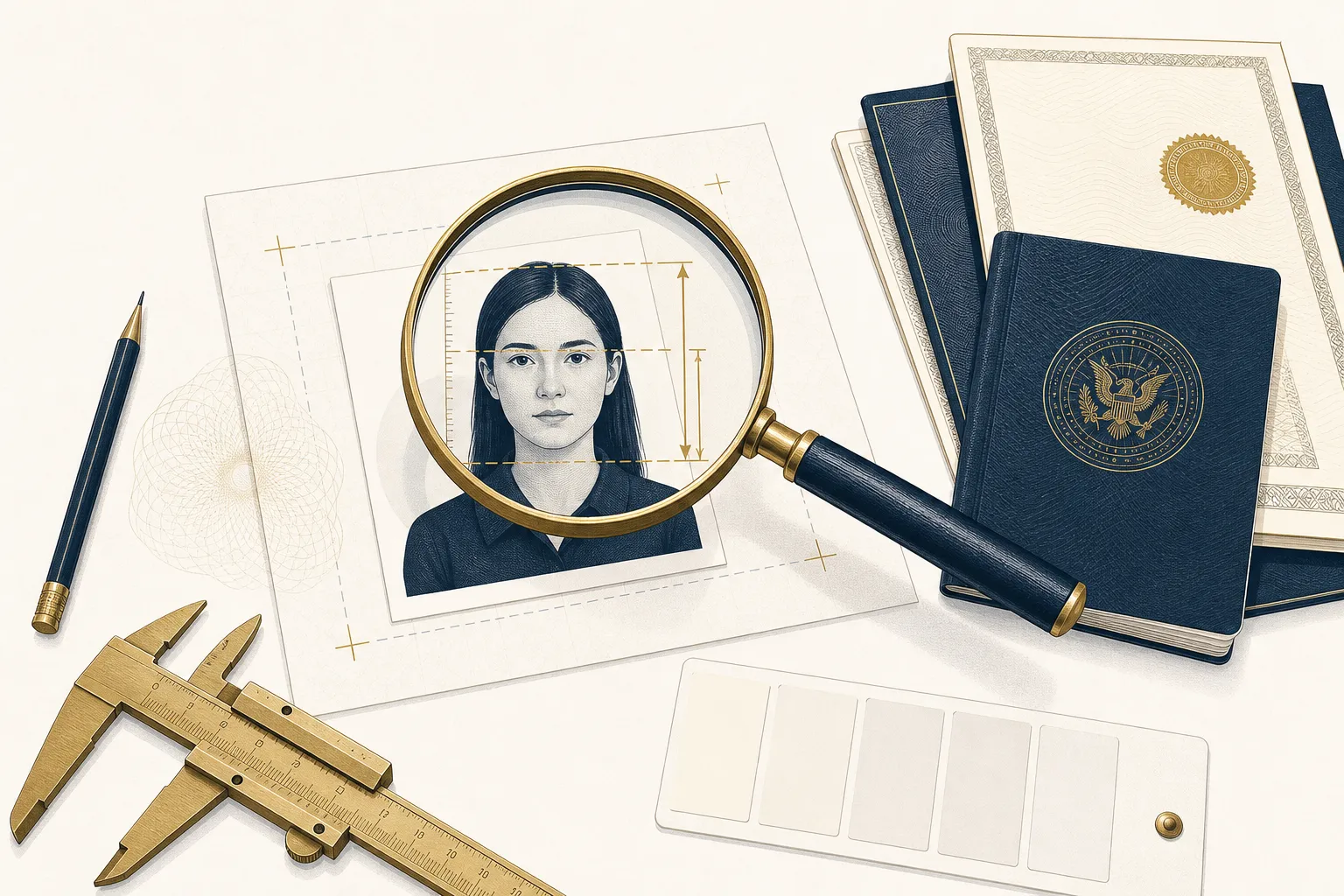 A magnifying glass over an ID photo revealing measurement guides, beside official government documents