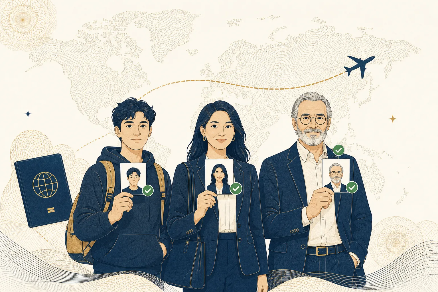 Travelers holding compliant ID photos with checkmarks over an engraved world map