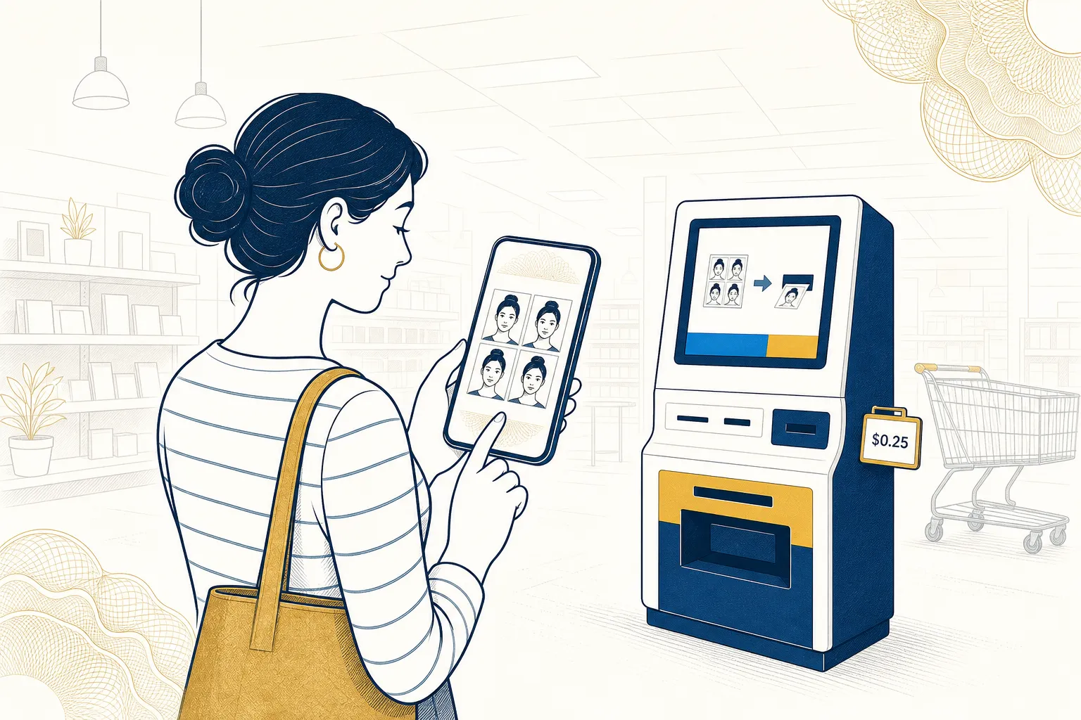 Ordering a 4×6 print sheet with four passport photos on a phone at a superstore photo center kiosk with a $0.25 price tag